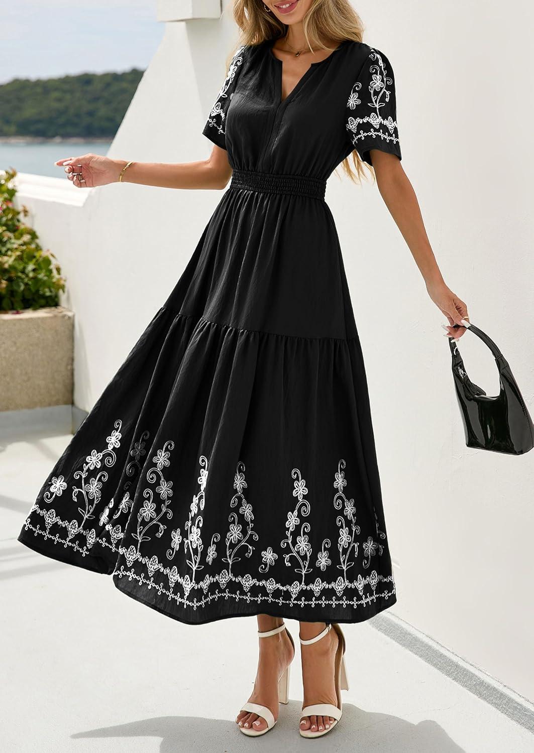 imagePRETTYGARDEN Womens Summer Boho Maxi Dress 2026 Spring Floral Short Sleeve V Neck A Line Flowy Beach Wedding Guest DressesBlack
