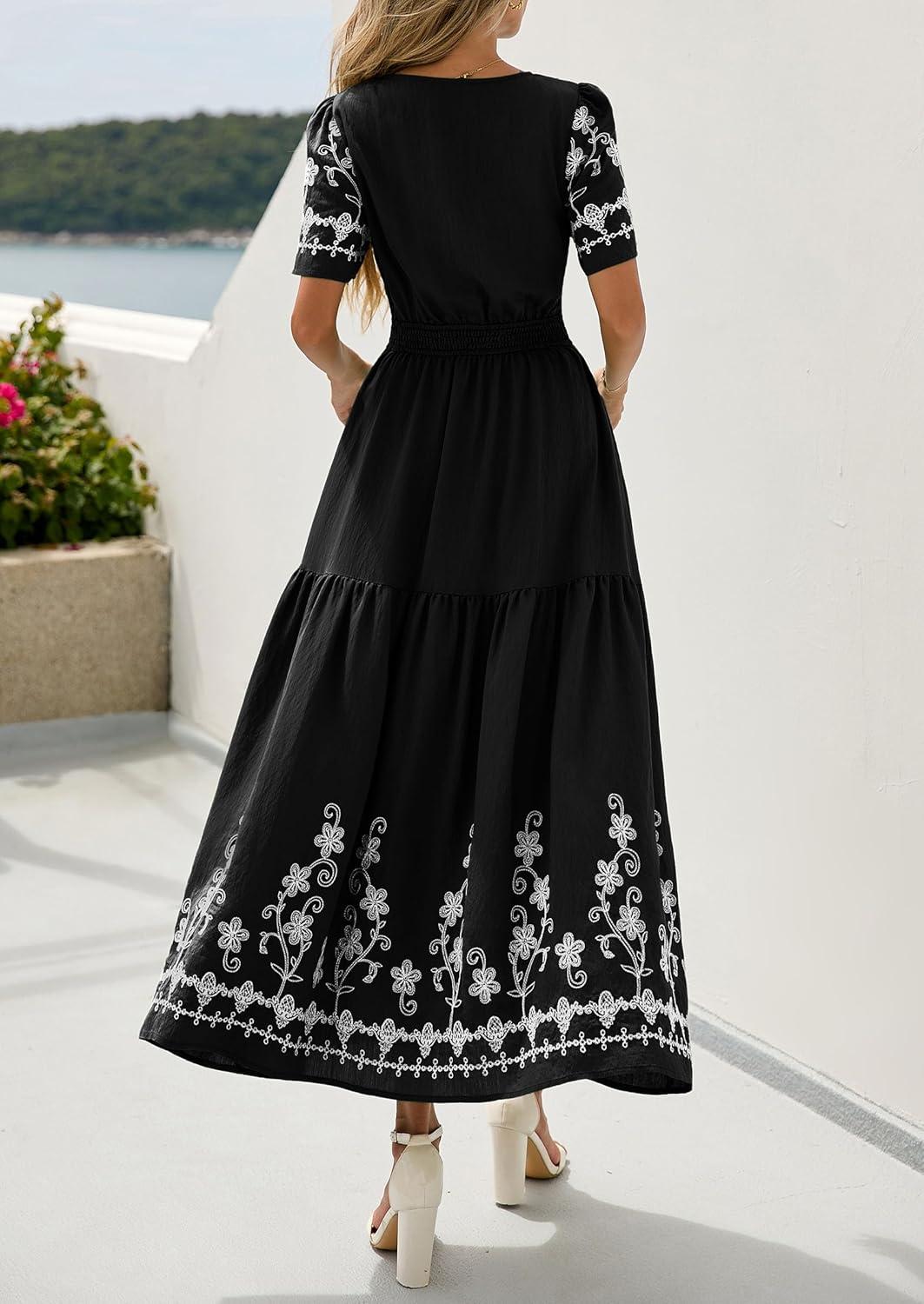 imagePRETTYGARDEN Womens Summer Boho Maxi Dress 2026 Spring Floral Short Sleeve V Neck A Line Flowy Beach Wedding Guest DressesBlack