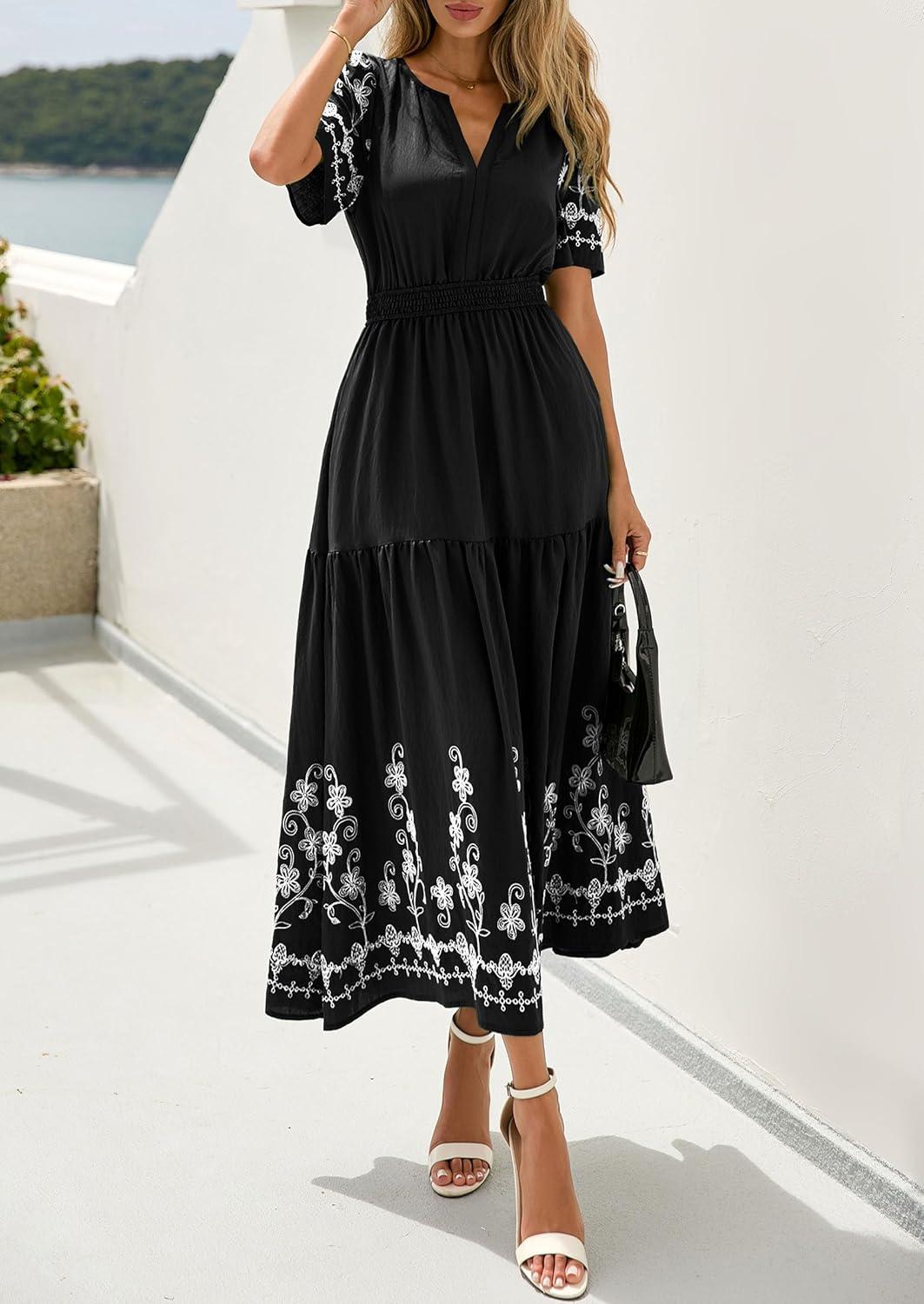 imagePRETTYGARDEN Womens Summer Boho Maxi Dress 2026 Spring Floral Short Sleeve V Neck A Line Flowy Beach Wedding Guest DressesBlack