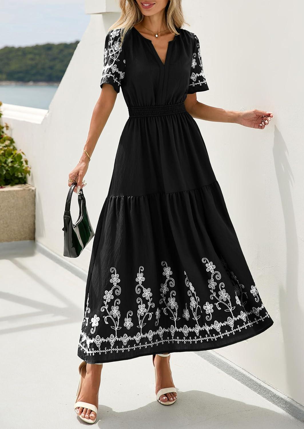 imagePRETTYGARDEN Womens Summer Boho Maxi Dress 2026 Spring Floral Short Sleeve V Neck A Line Flowy Beach Wedding Guest DressesBlack