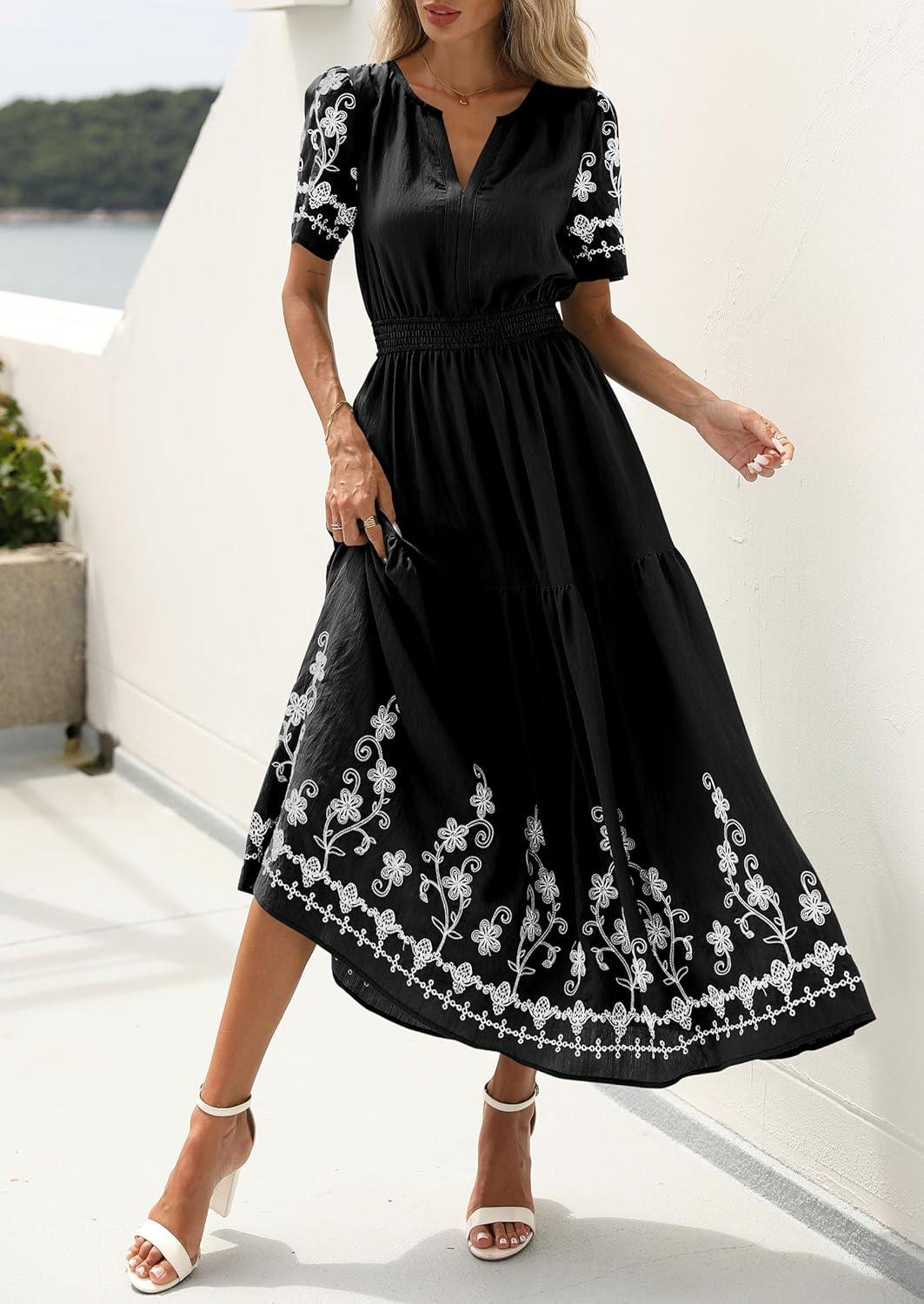 imagePRETTYGARDEN Womens Summer Boho Maxi Dress 2026 Spring Floral Short Sleeve V Neck A Line Flowy Beach Wedding Guest DressesBlack