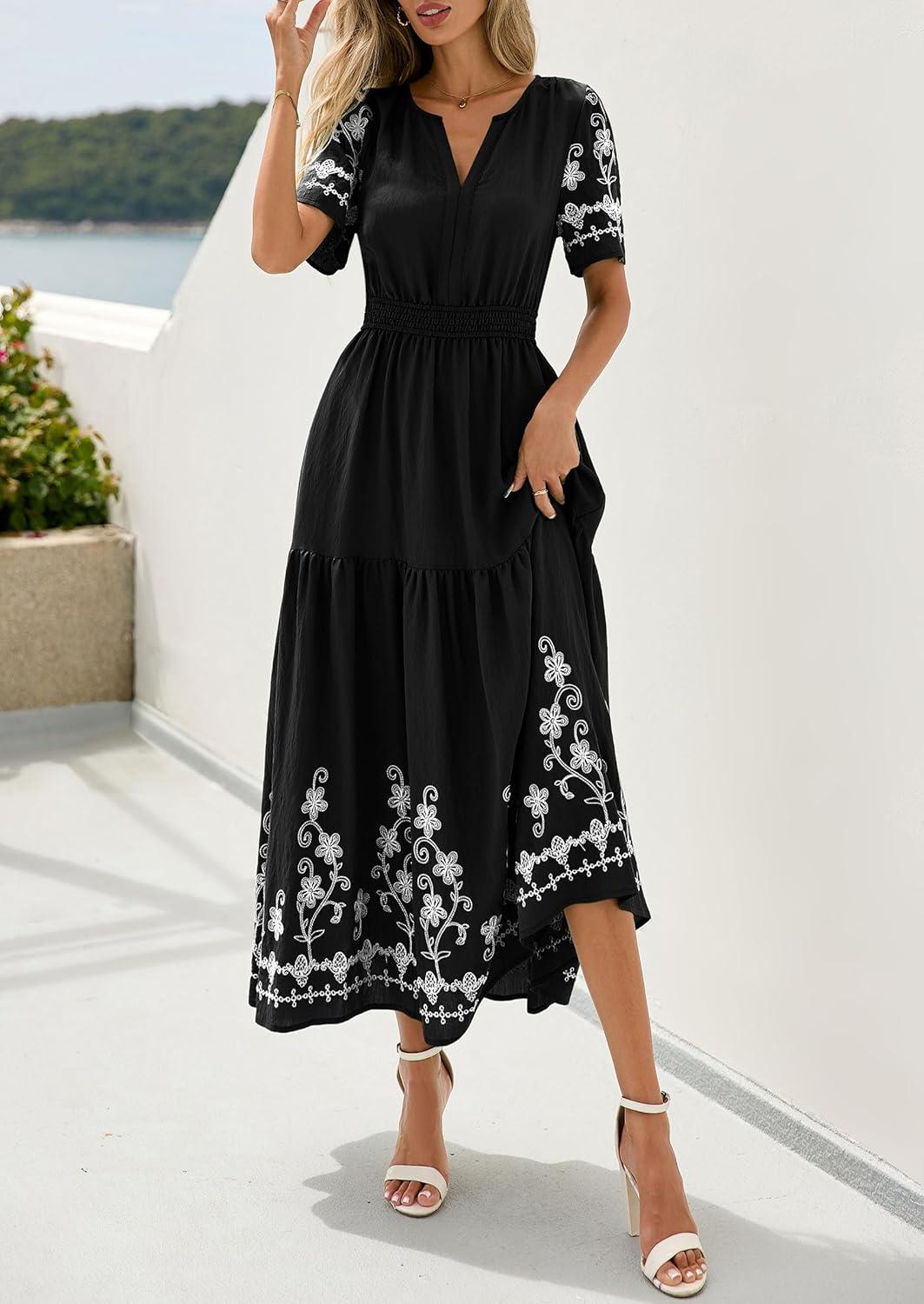 imagePRETTYGARDEN Womens Summer Boho Maxi Dress 2026 Spring Floral Short Sleeve V Neck A Line Flowy Beach Wedding Guest DressesBlack