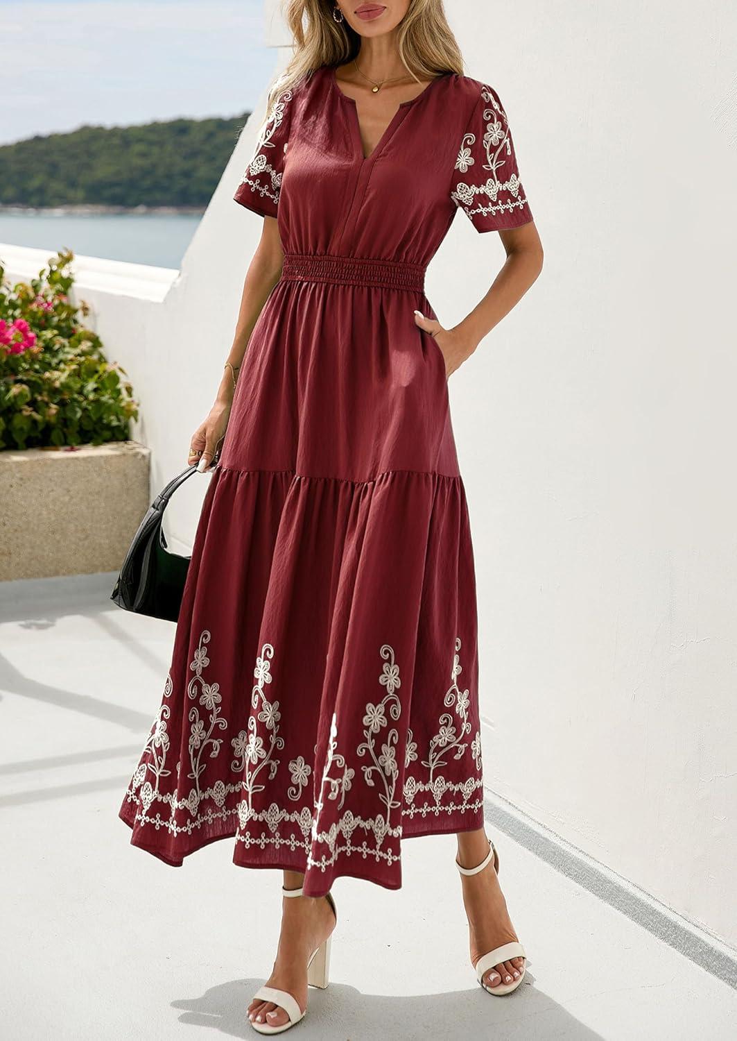 imagePRETTYGARDEN Womens Summer Boho Maxi Dress 2026 Spring Floral Short Sleeve V Neck A Line Flowy Beach Wedding Guest DressesBurgundy