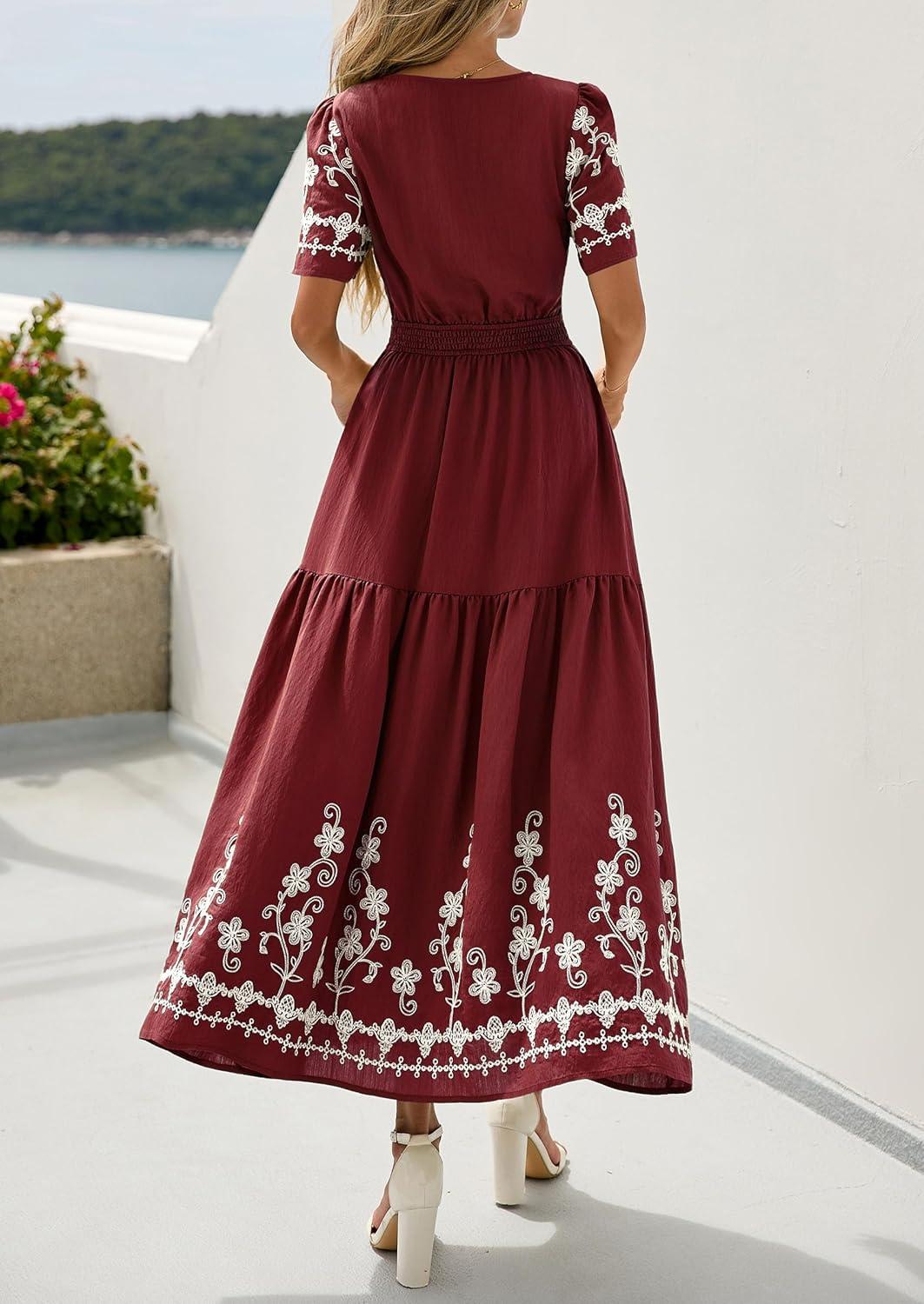 imagePRETTYGARDEN Womens Summer Boho Maxi Dress 2026 Spring Floral Short Sleeve V Neck A Line Flowy Beach Wedding Guest DressesBurgundy