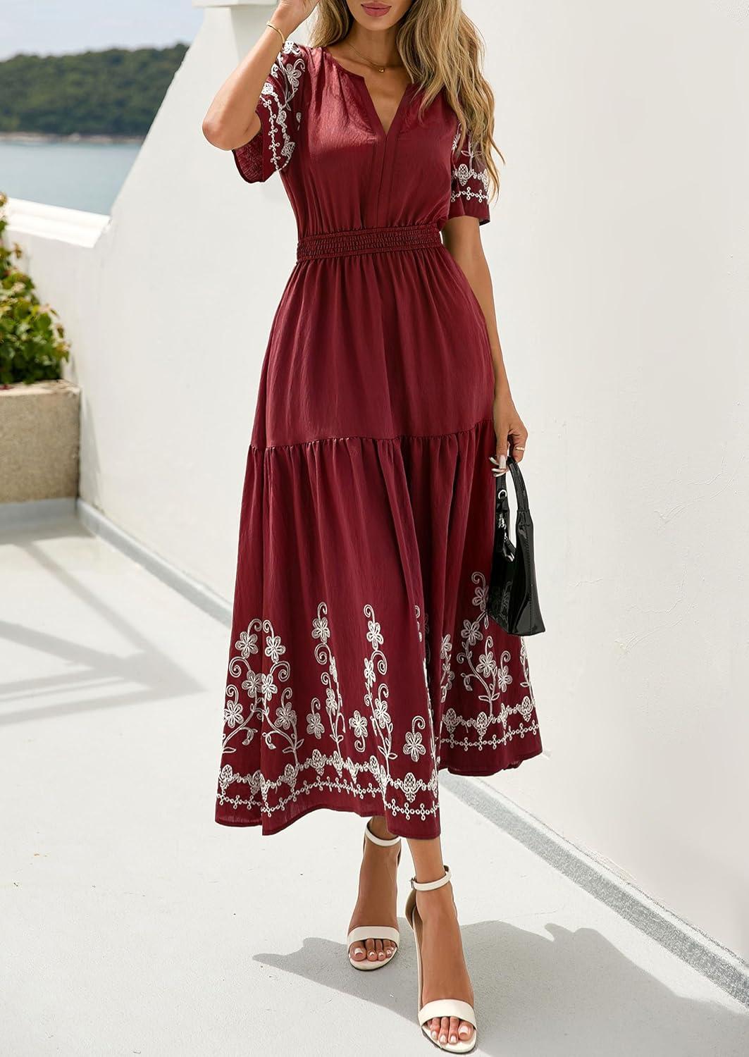 imagePRETTYGARDEN Womens Summer Boho Maxi Dress 2026 Spring Floral Short Sleeve V Neck A Line Flowy Beach Wedding Guest DressesBurgundy