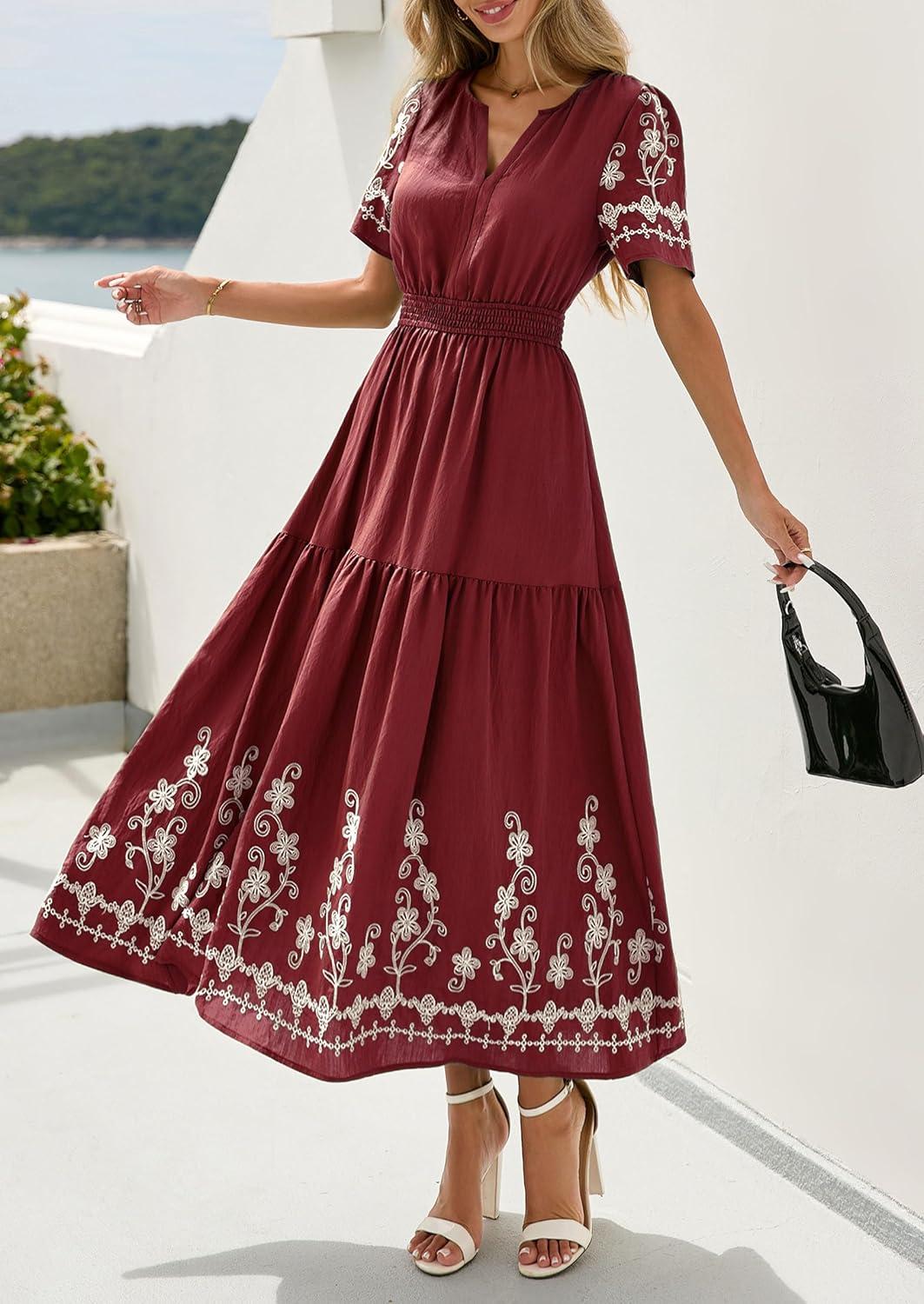 imagePRETTYGARDEN Womens Summer Boho Maxi Dress 2026 Spring Floral Short Sleeve V Neck A Line Flowy Beach Wedding Guest DressesBurgundy