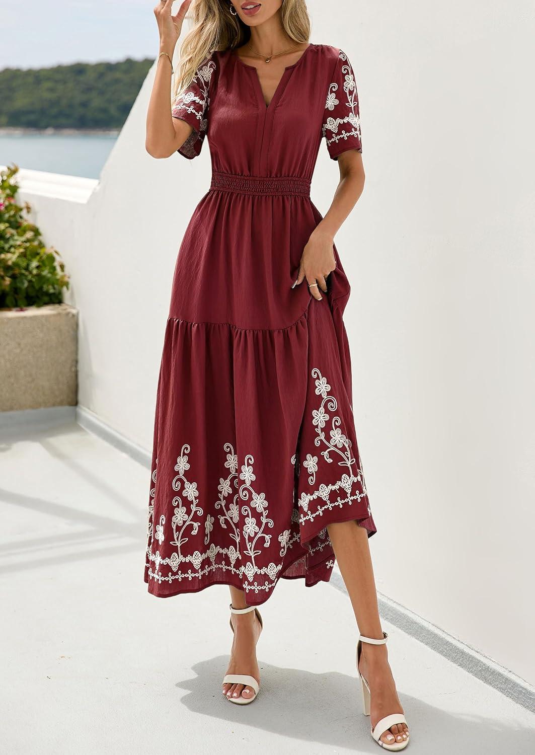 imagePRETTYGARDEN Womens Summer Boho Maxi Dress 2026 Spring Floral Short Sleeve V Neck A Line Flowy Beach Wedding Guest DressesBurgundy