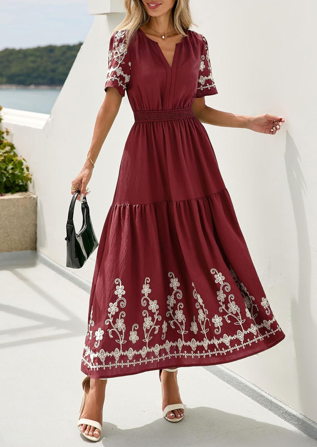 imagePRETTYGARDEN Womens Summer Boho Maxi Dress 2026 Spring Floral Short Sleeve V Neck A Line Flowy Beach Wedding Guest DressesBurgundy