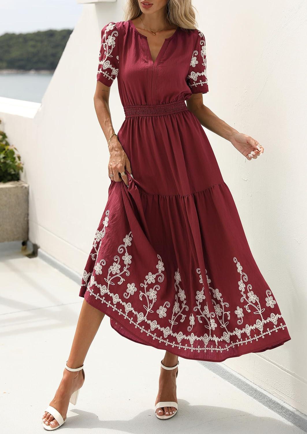 imagePRETTYGARDEN Womens Summer Boho Maxi Dress 2026 Spring Floral Short Sleeve V Neck A Line Flowy Beach Wedding Guest DressesBurgundy
