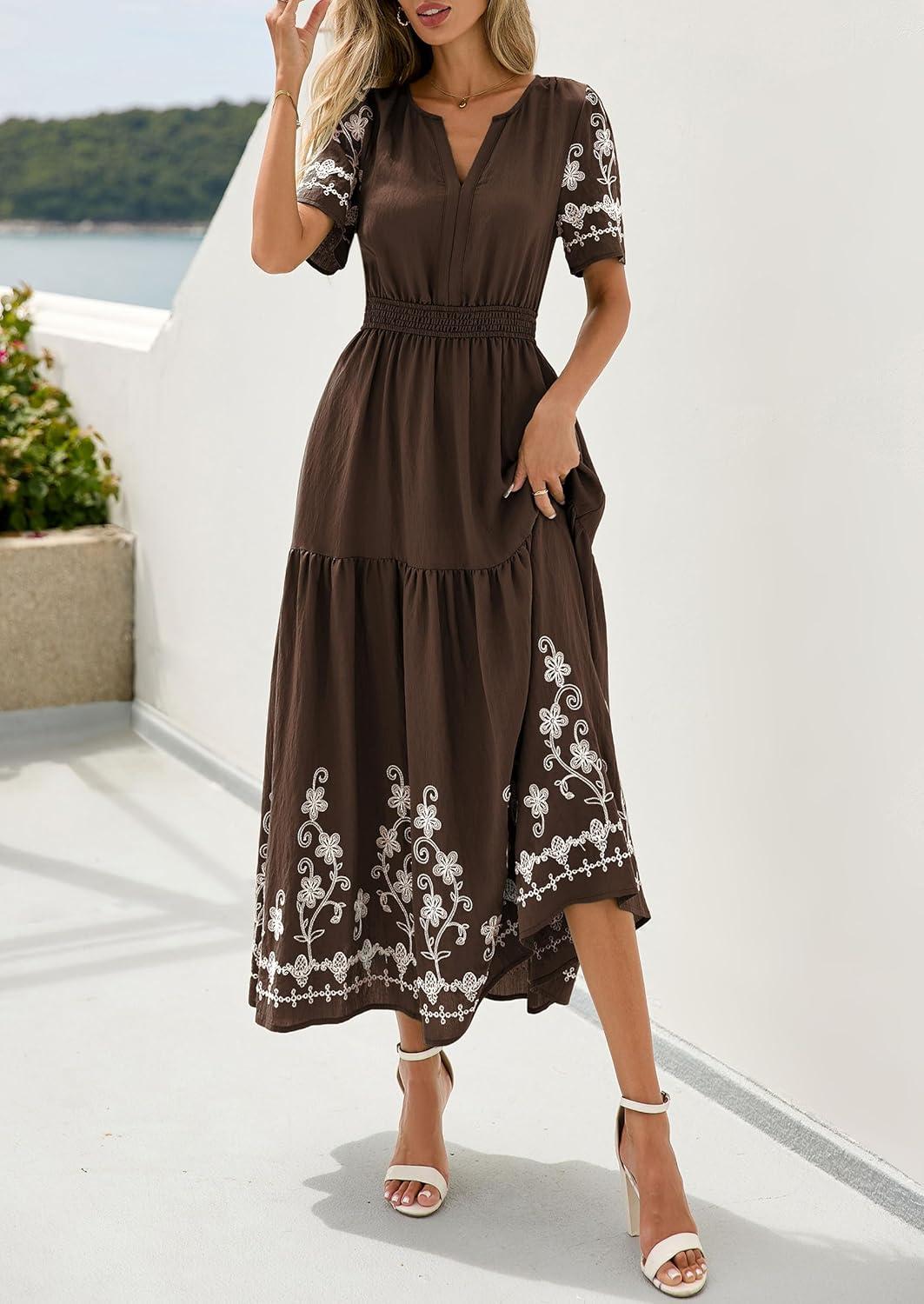 imagePRETTYGARDEN Womens Summer Boho Maxi Dress 2026 Spring Floral Short Sleeve V Neck A Line Flowy Beach Wedding Guest DressesCoffee