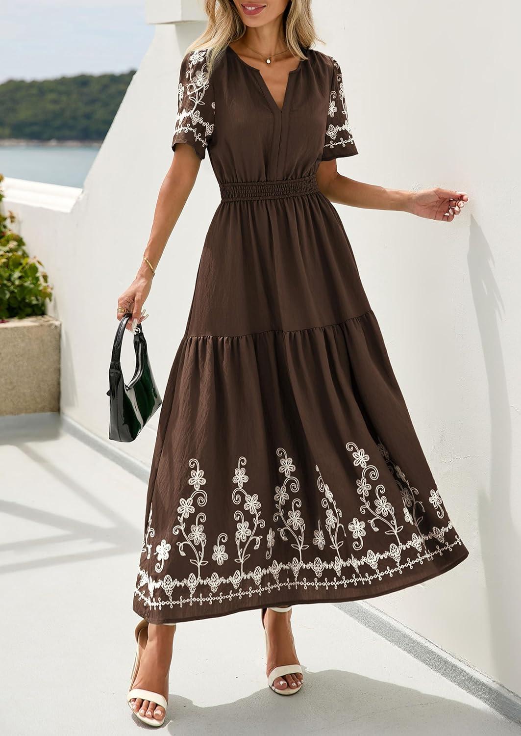imagePRETTYGARDEN Womens Summer Boho Maxi Dress 2026 Spring Floral Short Sleeve V Neck A Line Flowy Beach Wedding Guest DressesCoffee