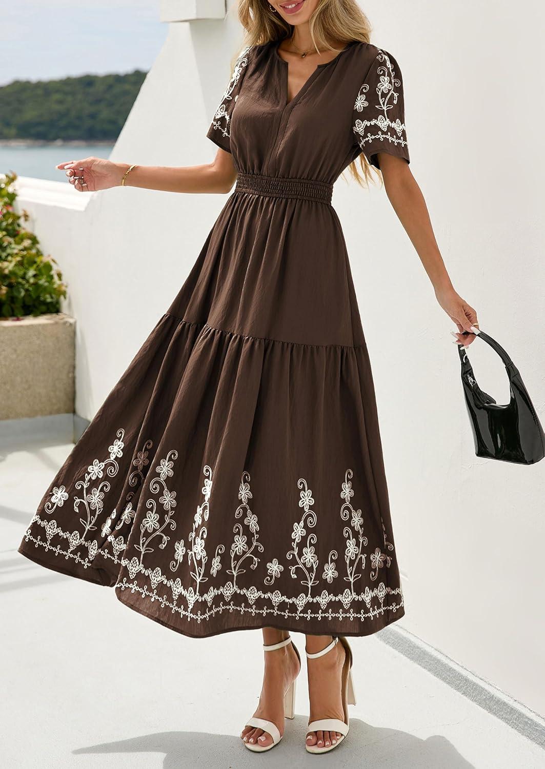 imagePRETTYGARDEN Womens Summer Boho Maxi Dress 2026 Spring Floral Short Sleeve V Neck A Line Flowy Beach Wedding Guest DressesCoffee