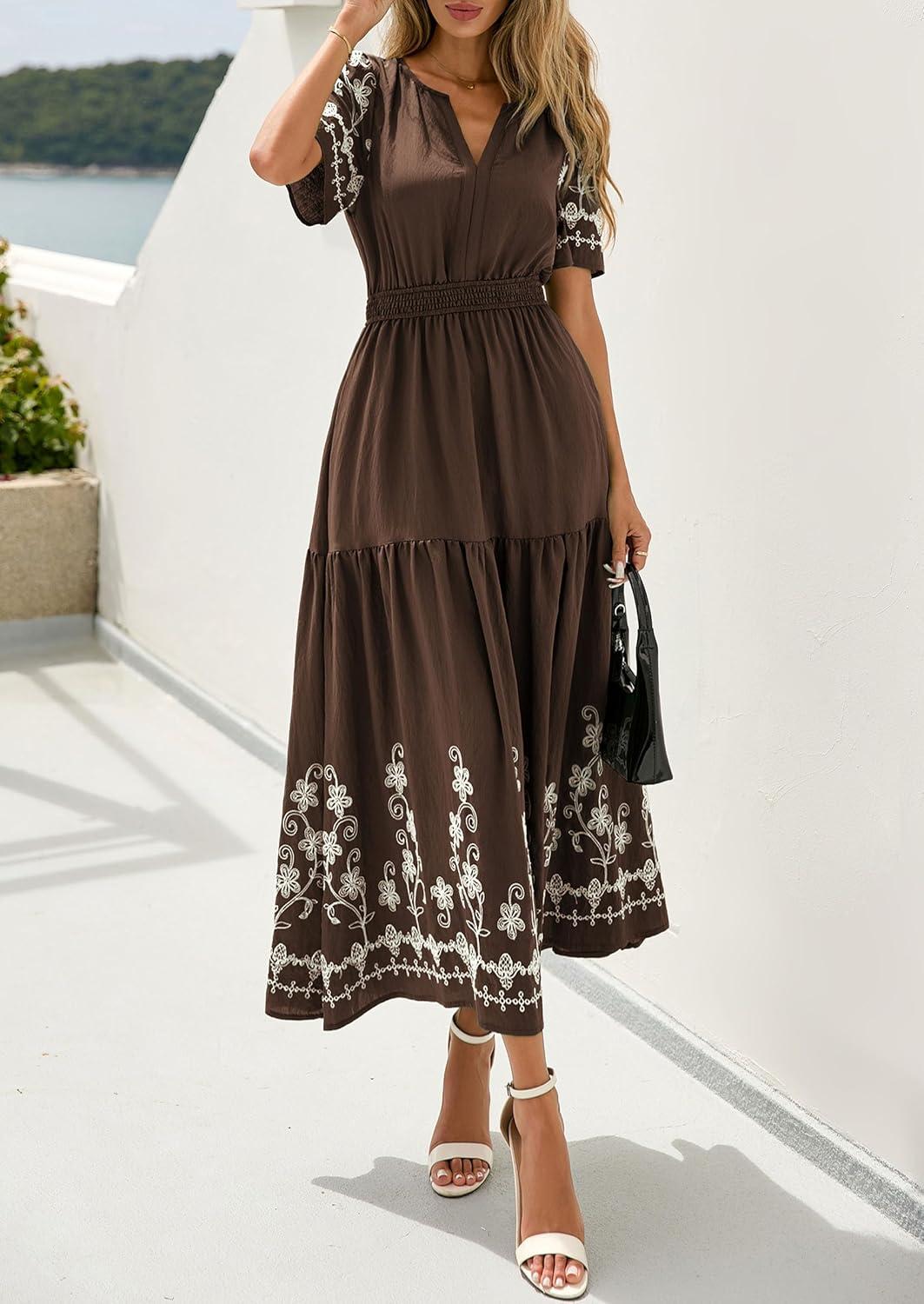 imagePRETTYGARDEN Womens Summer Boho Maxi Dress 2026 Spring Floral Short Sleeve V Neck A Line Flowy Beach Wedding Guest DressesCoffee