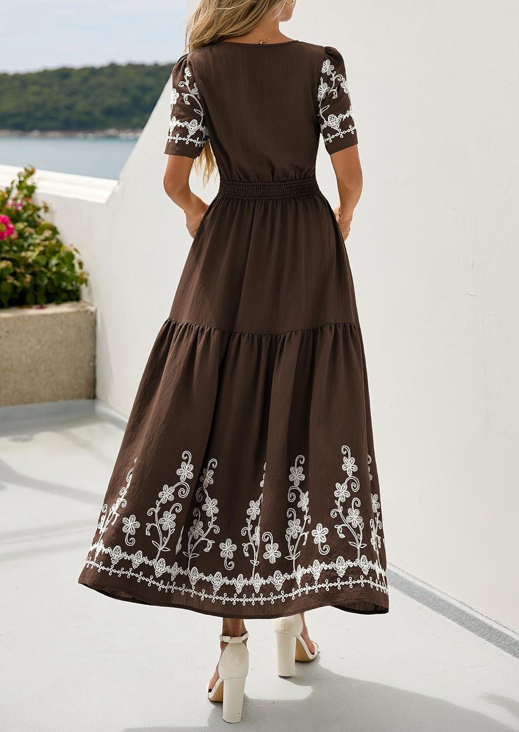 imagePRETTYGARDEN Womens Summer Boho Maxi Dress 2026 Spring Floral Short Sleeve V Neck A Line Flowy Beach Wedding Guest DressesCoffee