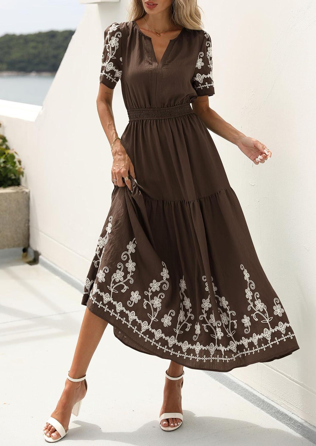imagePRETTYGARDEN Womens Summer Boho Maxi Dress 2026 Spring Floral Short Sleeve V Neck A Line Flowy Beach Wedding Guest DressesCoffee
