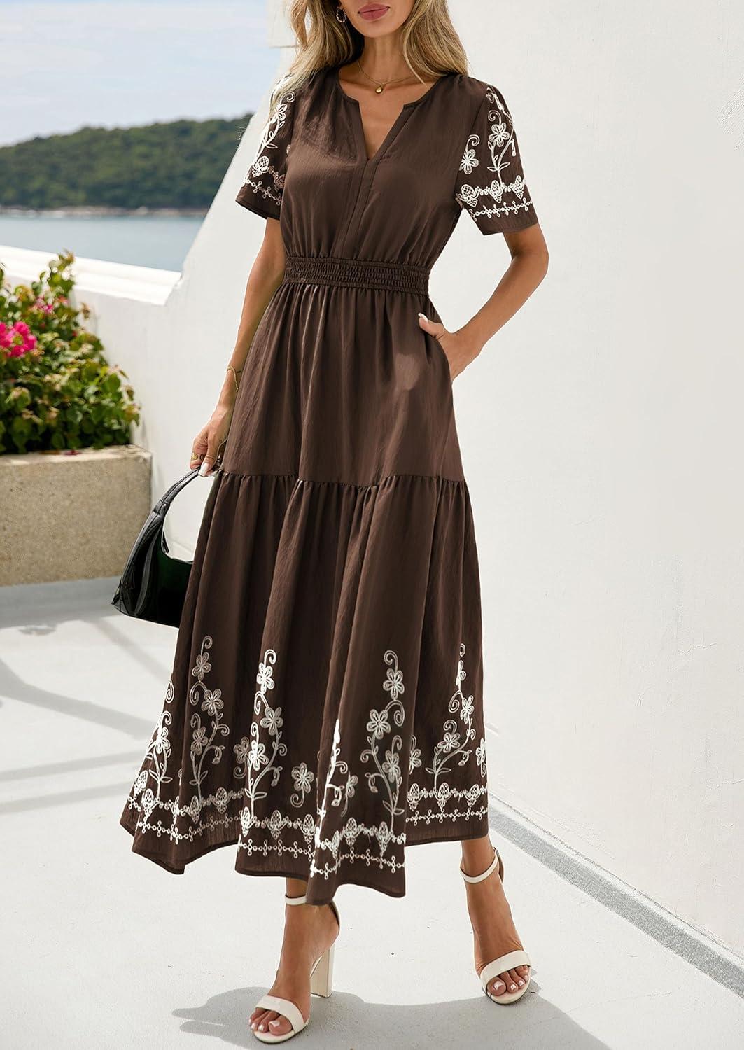 imagePRETTYGARDEN Womens Summer Boho Maxi Dress 2026 Spring Floral Short Sleeve V Neck A Line Flowy Beach Wedding Guest DressesCoffee