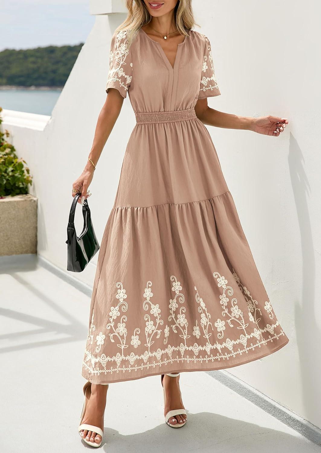 imagePRETTYGARDEN Womens Summer Boho Maxi Dress 2026 Spring Floral Short Sleeve V Neck A Line Flowy Beach Wedding Guest DressesKhaki