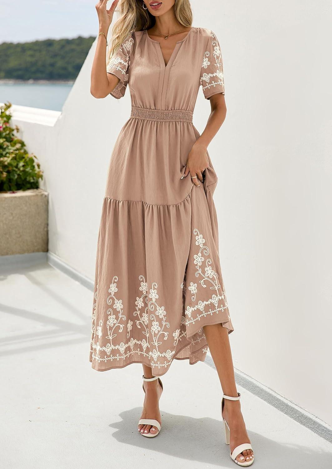 imagePRETTYGARDEN Womens Summer Boho Maxi Dress 2026 Spring Floral Short Sleeve V Neck A Line Flowy Beach Wedding Guest DressesKhaki