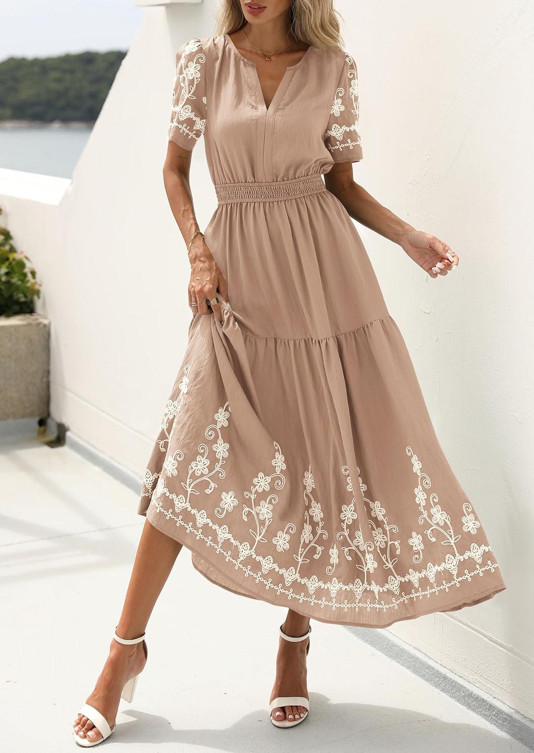 imagePRETTYGARDEN Womens Summer Boho Maxi Dress 2026 Spring Floral Short Sleeve V Neck A Line Flowy Beach Wedding Guest DressesKhaki