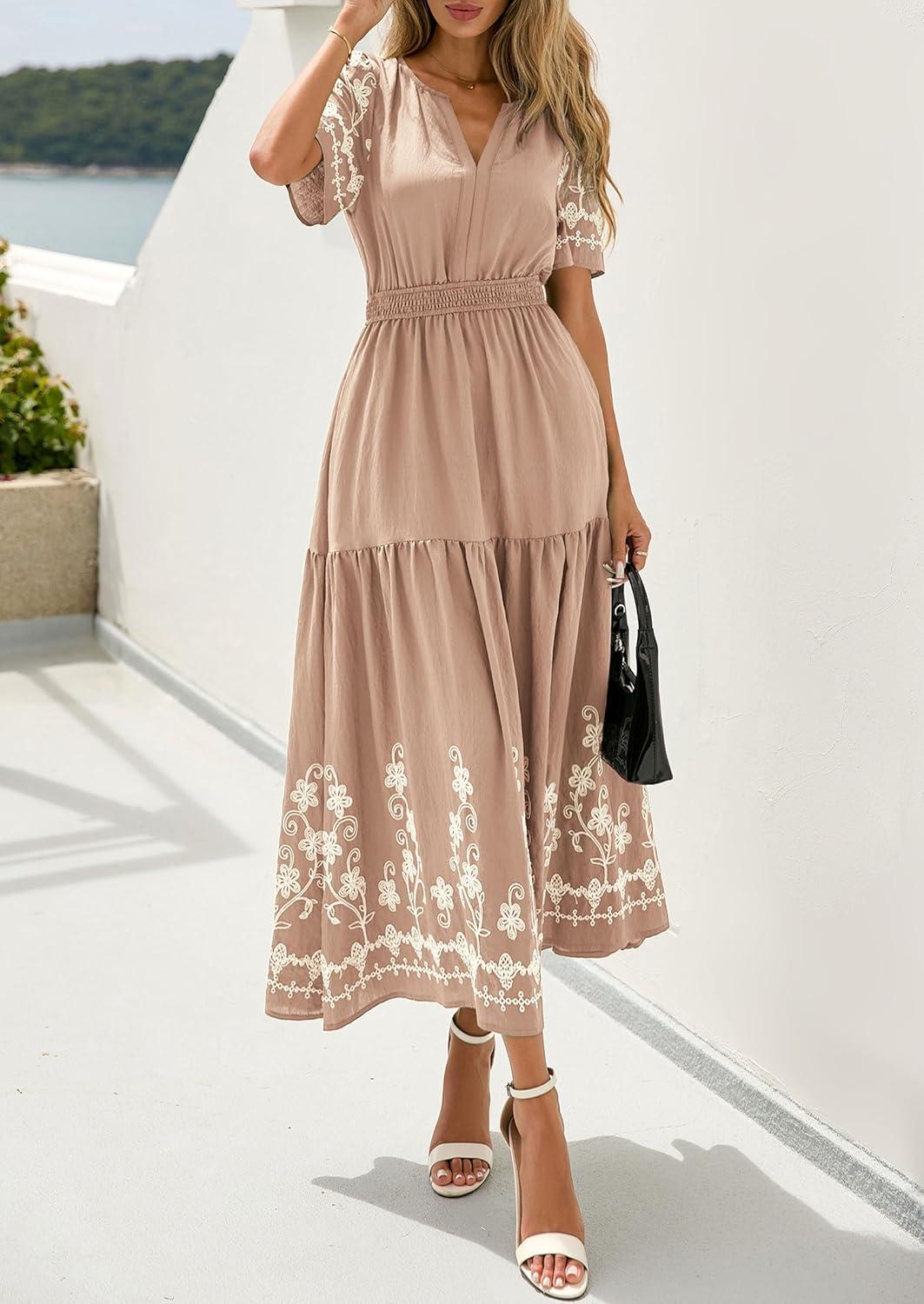 imagePRETTYGARDEN Womens Summer Boho Maxi Dress 2026 Spring Floral Short Sleeve V Neck A Line Flowy Beach Wedding Guest DressesKhaki