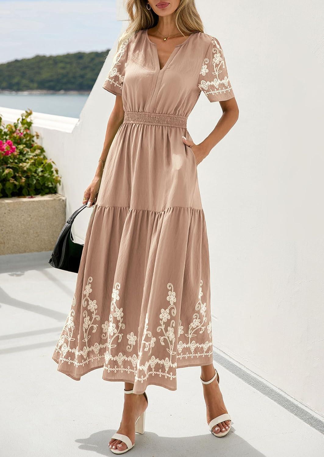 imagePRETTYGARDEN Womens Summer Boho Maxi Dress 2026 Spring Floral Short Sleeve V Neck A Line Flowy Beach Wedding Guest DressesKhaki