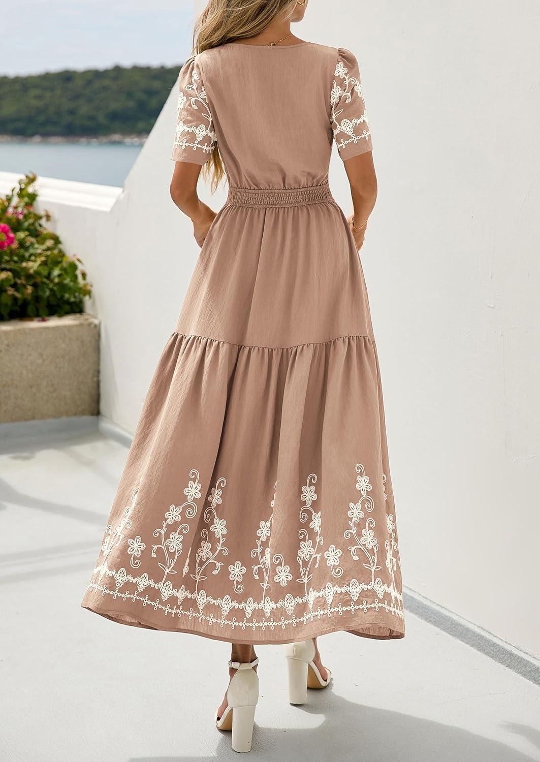 imagePRETTYGARDEN Womens Summer Boho Maxi Dress 2026 Spring Floral Short Sleeve V Neck A Line Flowy Beach Wedding Guest DressesKhaki