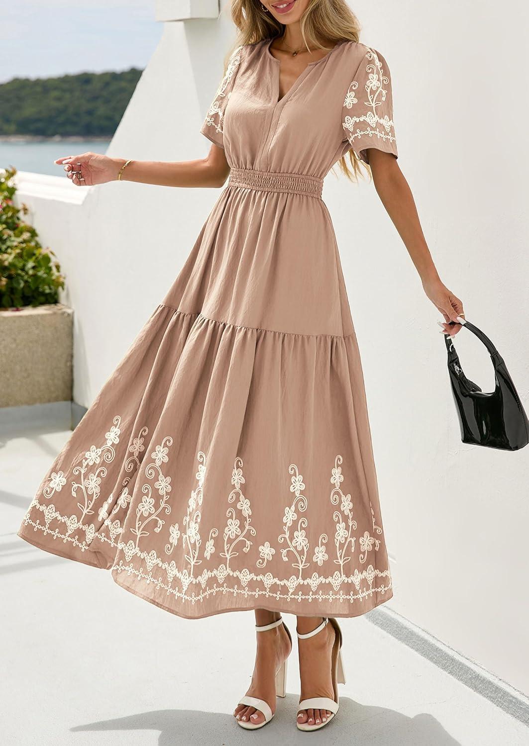 imagePRETTYGARDEN Womens Summer Boho Maxi Dress 2026 Spring Floral Short Sleeve V Neck A Line Flowy Beach Wedding Guest DressesKhaki