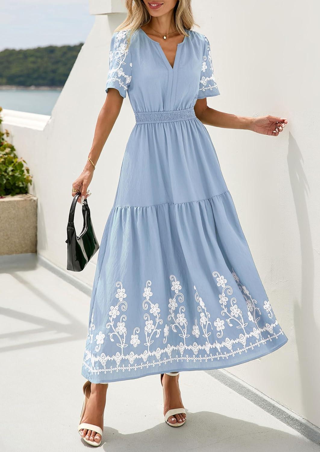 imagePRETTYGARDEN Womens Summer Boho Maxi Dress 2026 Spring Floral Short Sleeve V Neck A Line Flowy Beach Wedding Guest DressesLight Blue