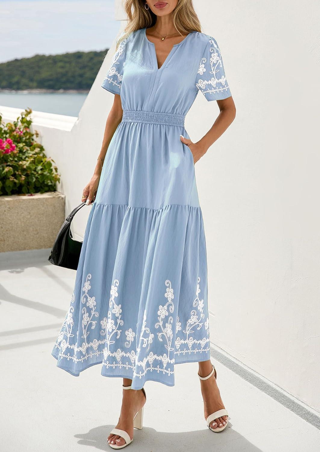 imagePRETTYGARDEN Womens Summer Boho Maxi Dress 2026 Spring Floral Short Sleeve V Neck A Line Flowy Beach Wedding Guest DressesLight Blue