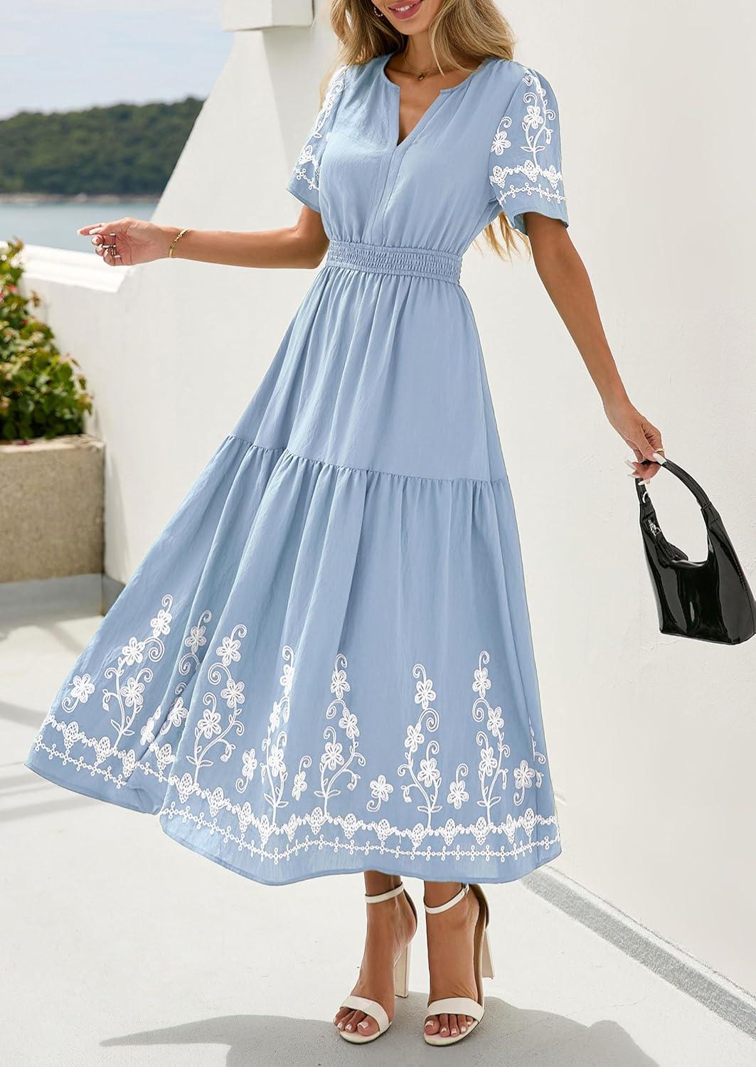 imagePRETTYGARDEN Womens Summer Boho Maxi Dress 2026 Spring Floral Short Sleeve V Neck A Line Flowy Beach Wedding Guest DressesLight Blue