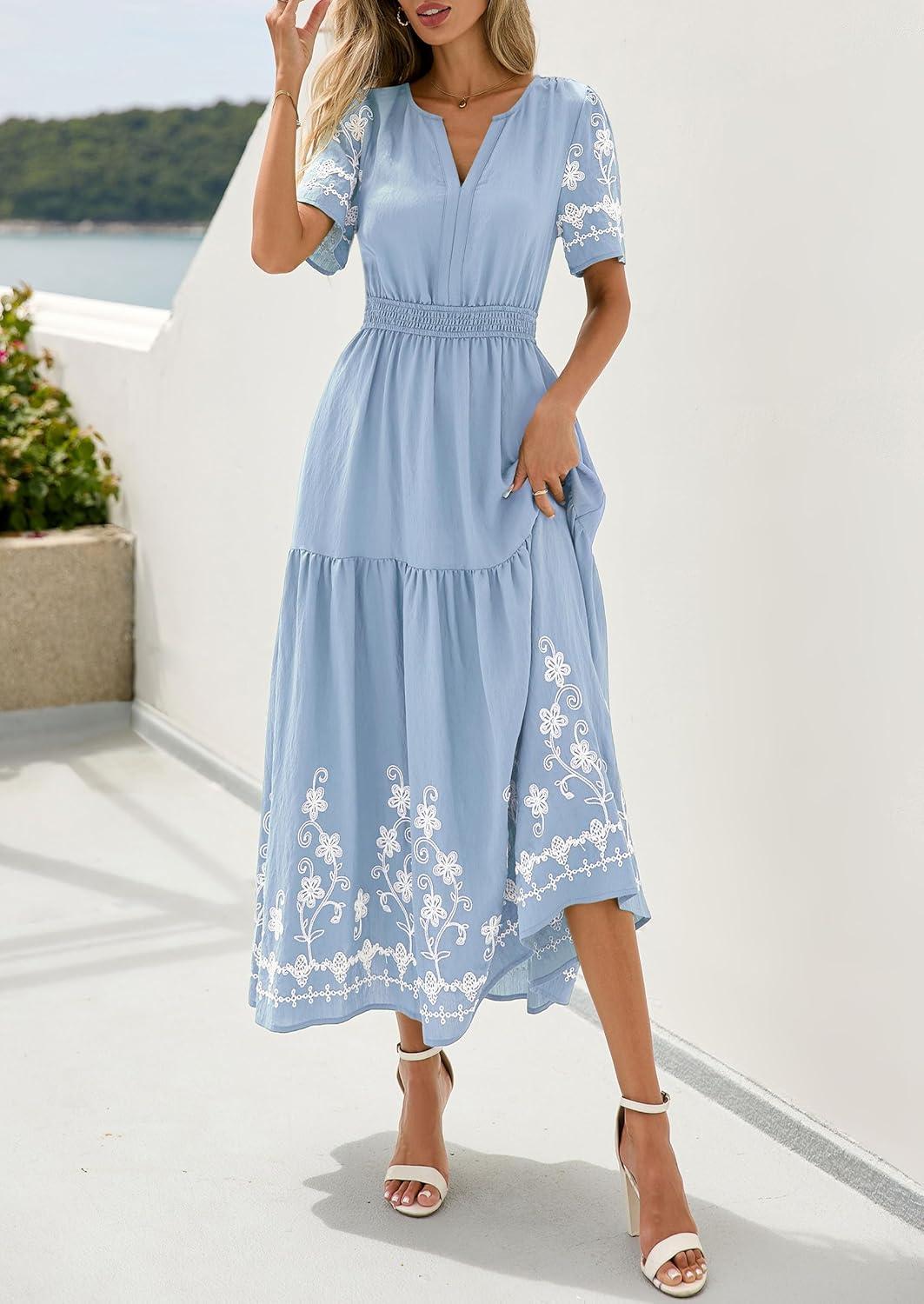 imagePRETTYGARDEN Womens Summer Boho Maxi Dress 2026 Spring Floral Short Sleeve V Neck A Line Flowy Beach Wedding Guest DressesLight Blue