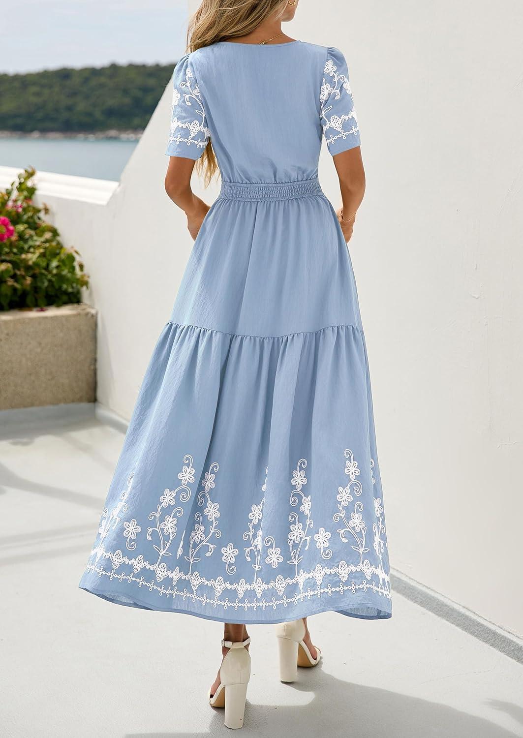 imagePRETTYGARDEN Womens Summer Boho Maxi Dress 2026 Spring Floral Short Sleeve V Neck A Line Flowy Beach Wedding Guest DressesLight Blue