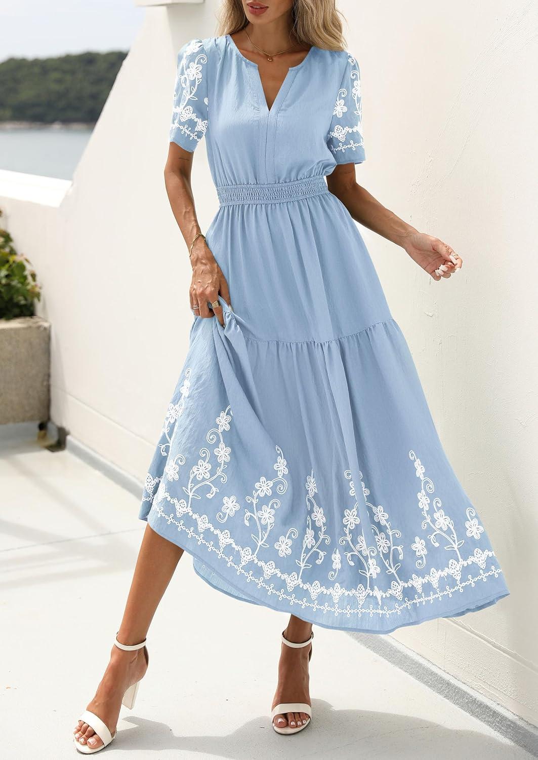 imagePRETTYGARDEN Womens Summer Boho Maxi Dress 2026 Spring Floral Short Sleeve V Neck A Line Flowy Beach Wedding Guest DressesLight Blue