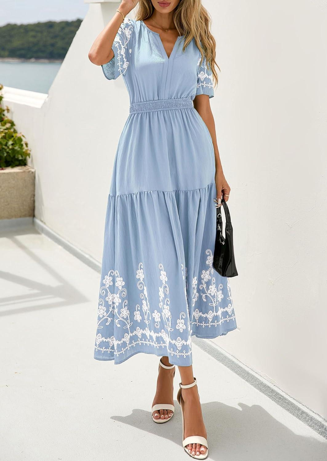 imagePRETTYGARDEN Womens Summer Boho Maxi Dress 2026 Spring Floral Short Sleeve V Neck A Line Flowy Beach Wedding Guest DressesLight Blue