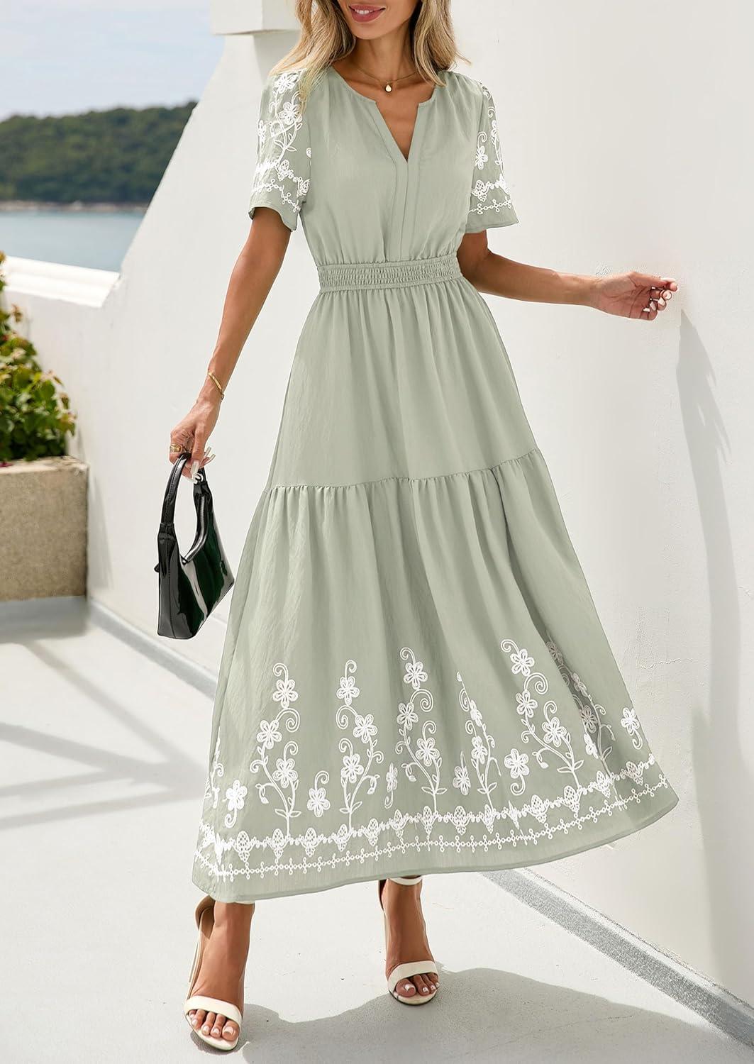 imagePRETTYGARDEN Womens Summer Boho Maxi Dress 2026 Spring Floral Short Sleeve V Neck A Line Flowy Beach Wedding Guest DressesLight Green