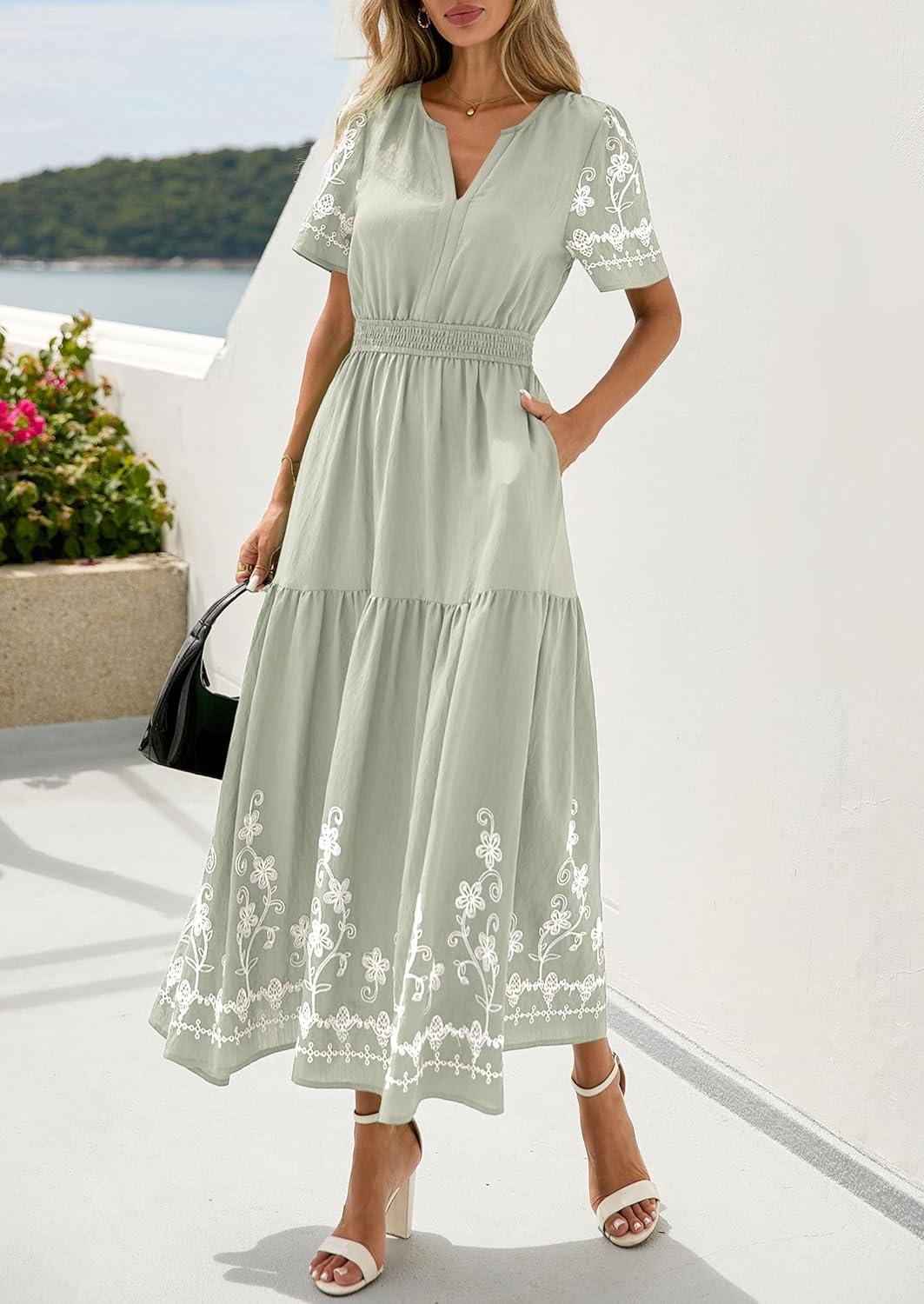 imagePRETTYGARDEN Womens Summer Boho Maxi Dress 2026 Spring Floral Short Sleeve V Neck A Line Flowy Beach Wedding Guest DressesLight Green