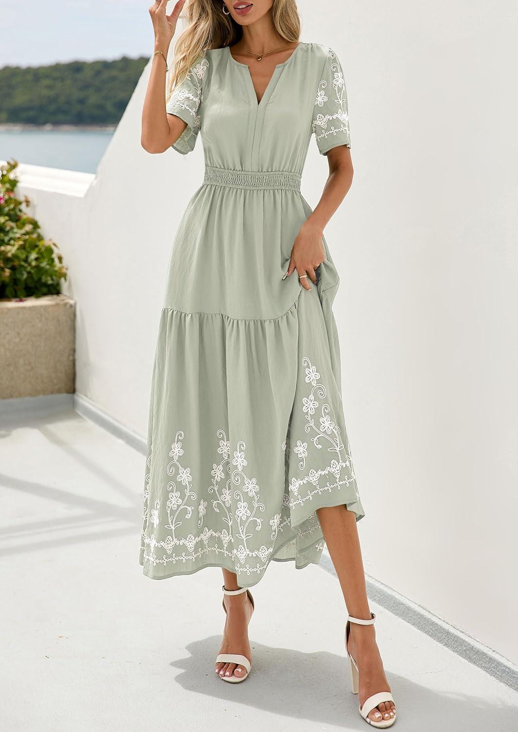 imagePRETTYGARDEN Womens Summer Boho Maxi Dress 2026 Spring Floral Short Sleeve V Neck A Line Flowy Beach Wedding Guest DressesLight Green