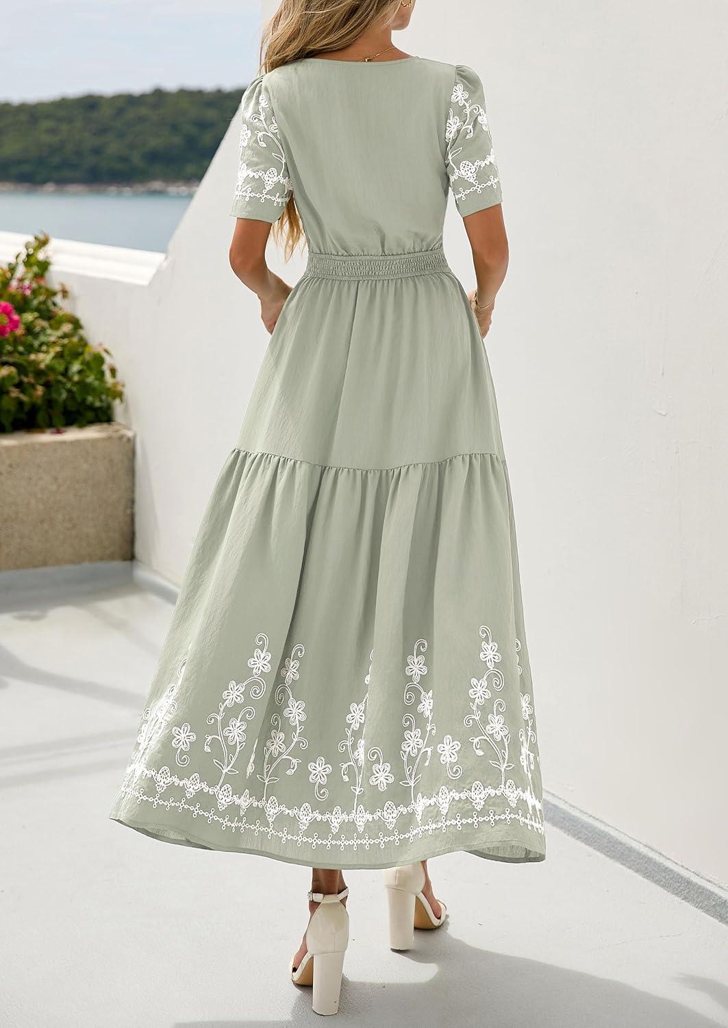 imagePRETTYGARDEN Womens Summer Boho Maxi Dress 2026 Spring Floral Short Sleeve V Neck A Line Flowy Beach Wedding Guest DressesLight Green