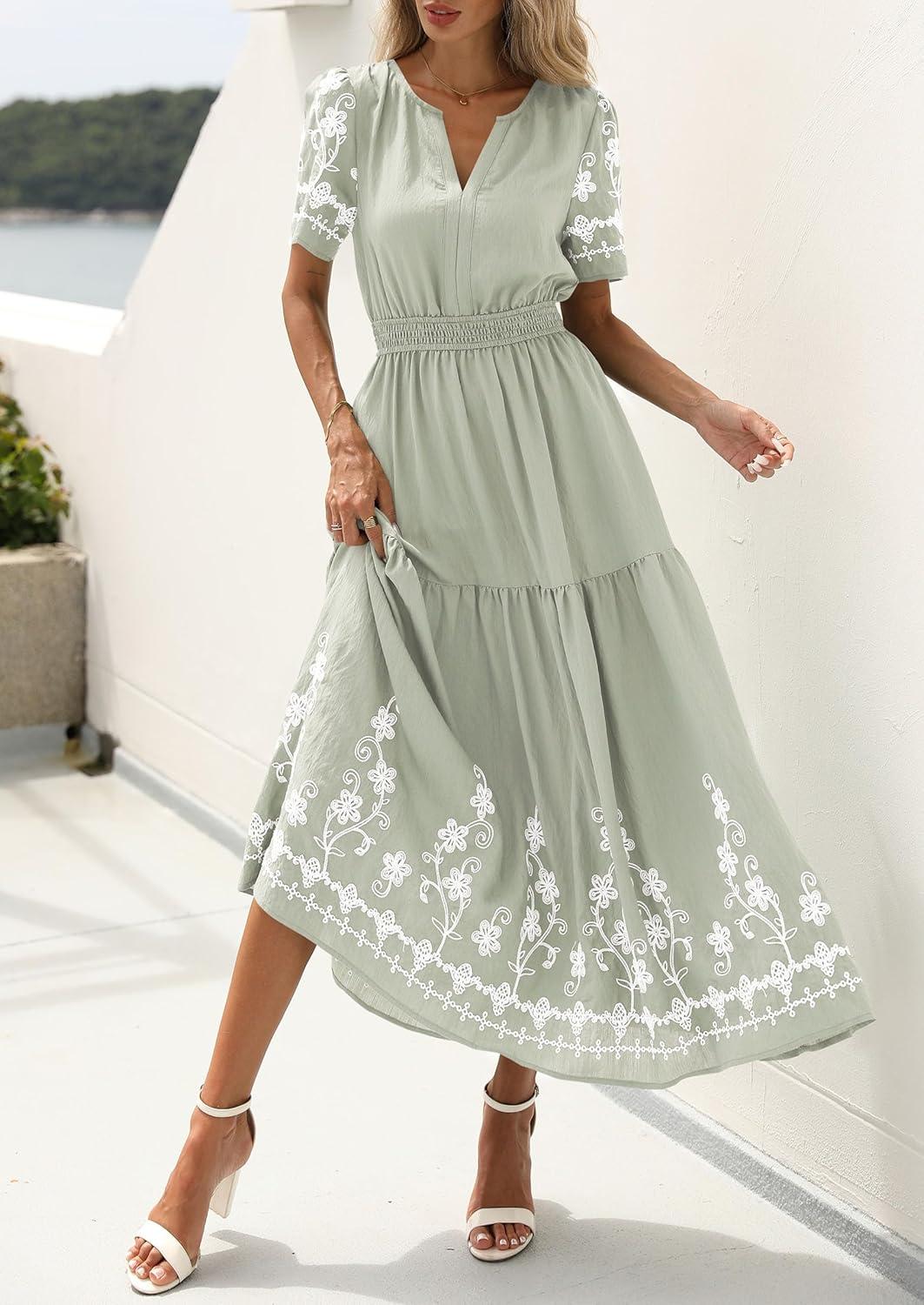 imagePRETTYGARDEN Womens Summer Boho Maxi Dress 2026 Spring Floral Short Sleeve V Neck A Line Flowy Beach Wedding Guest DressesLight Green
