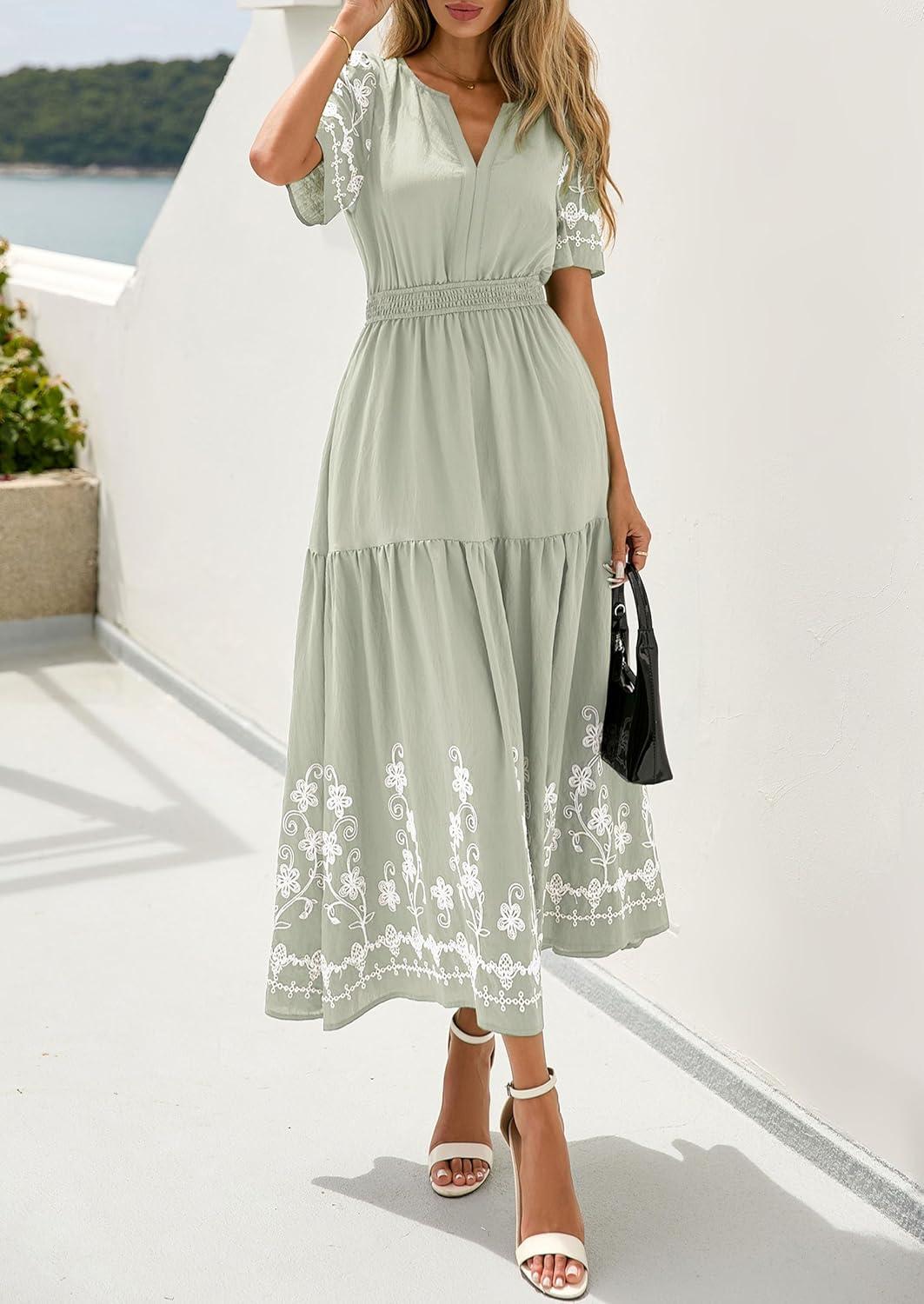 imagePRETTYGARDEN Womens Summer Boho Maxi Dress 2026 Spring Floral Short Sleeve V Neck A Line Flowy Beach Wedding Guest DressesLight Green