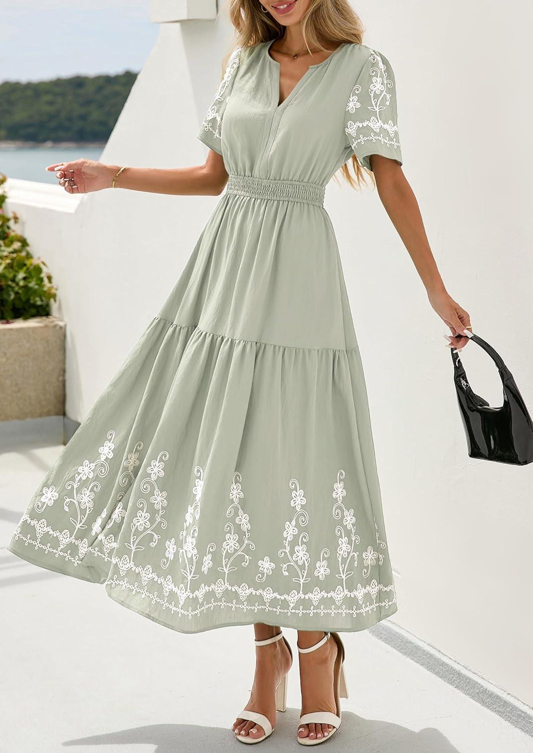imagePRETTYGARDEN Womens Summer Boho Maxi Dress 2026 Spring Floral Short Sleeve V Neck A Line Flowy Beach Wedding Guest DressesLight Green
