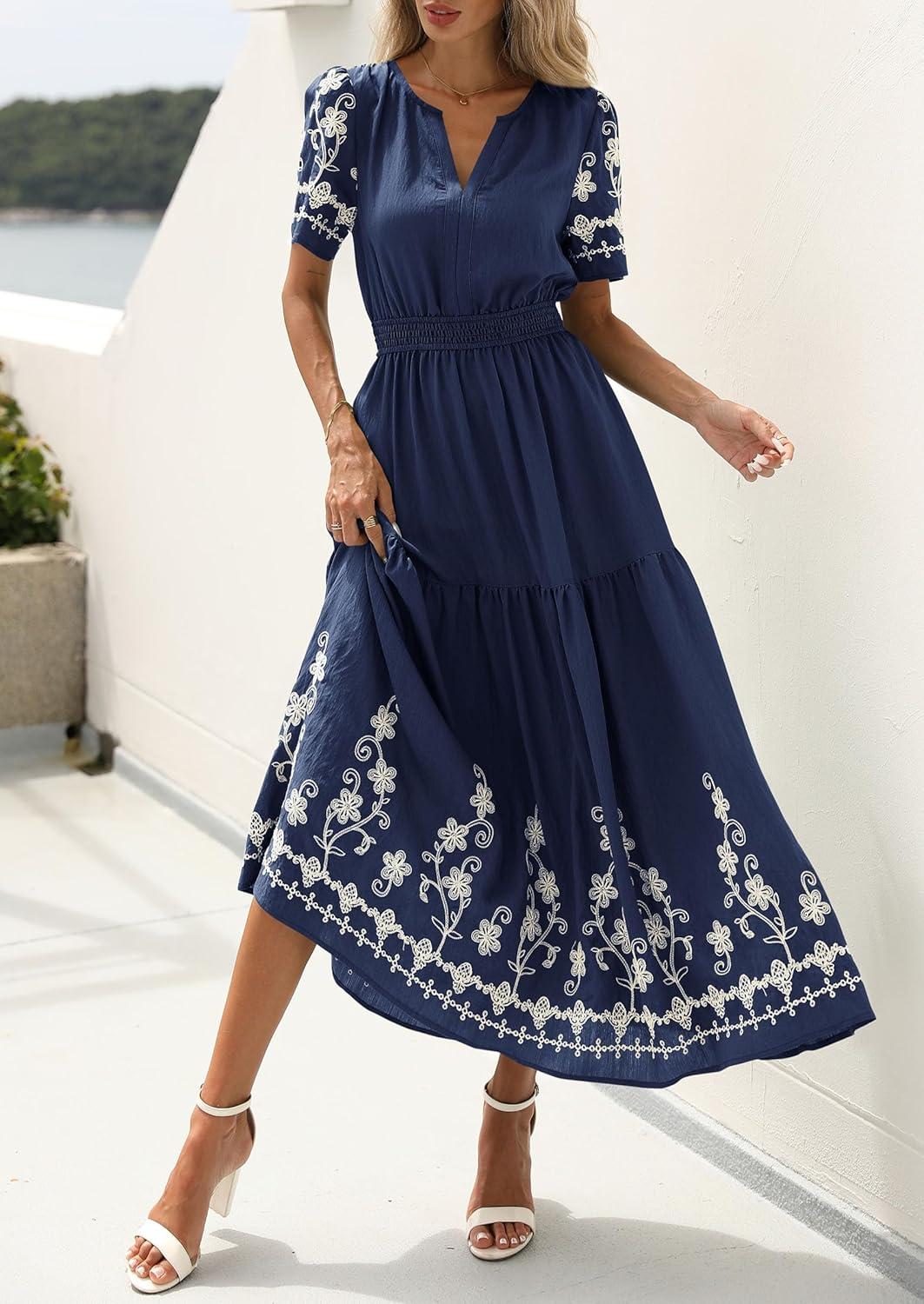 imagePRETTYGARDEN Womens Summer Boho Maxi Dress 2026 Spring Floral Short Sleeve V Neck A Line Flowy Beach Wedding Guest DressesNavy Blue