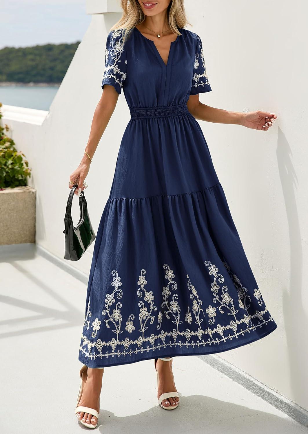 imagePRETTYGARDEN Womens Summer Boho Maxi Dress 2026 Spring Floral Short Sleeve V Neck A Line Flowy Beach Wedding Guest DressesNavy Blue