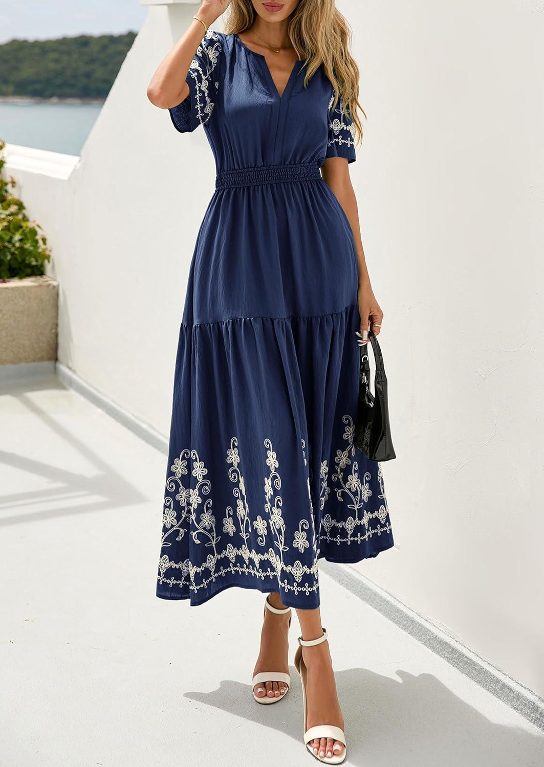 imagePRETTYGARDEN Womens Summer Boho Maxi Dress 2026 Spring Floral Short Sleeve V Neck A Line Flowy Beach Wedding Guest DressesNavy Blue