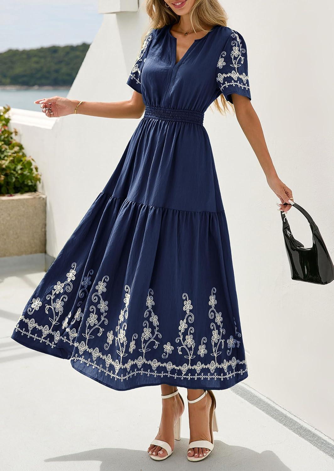imagePRETTYGARDEN Womens Summer Boho Maxi Dress 2026 Spring Floral Short Sleeve V Neck A Line Flowy Beach Wedding Guest DressesNavy Blue