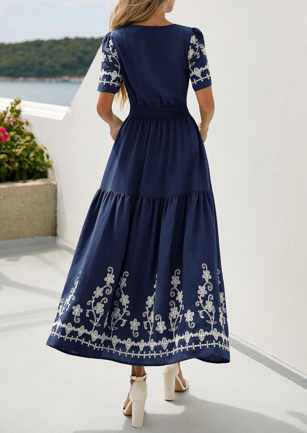 imagePRETTYGARDEN Womens Summer Boho Maxi Dress 2026 Spring Floral Short Sleeve V Neck A Line Flowy Beach Wedding Guest DressesNavy Blue