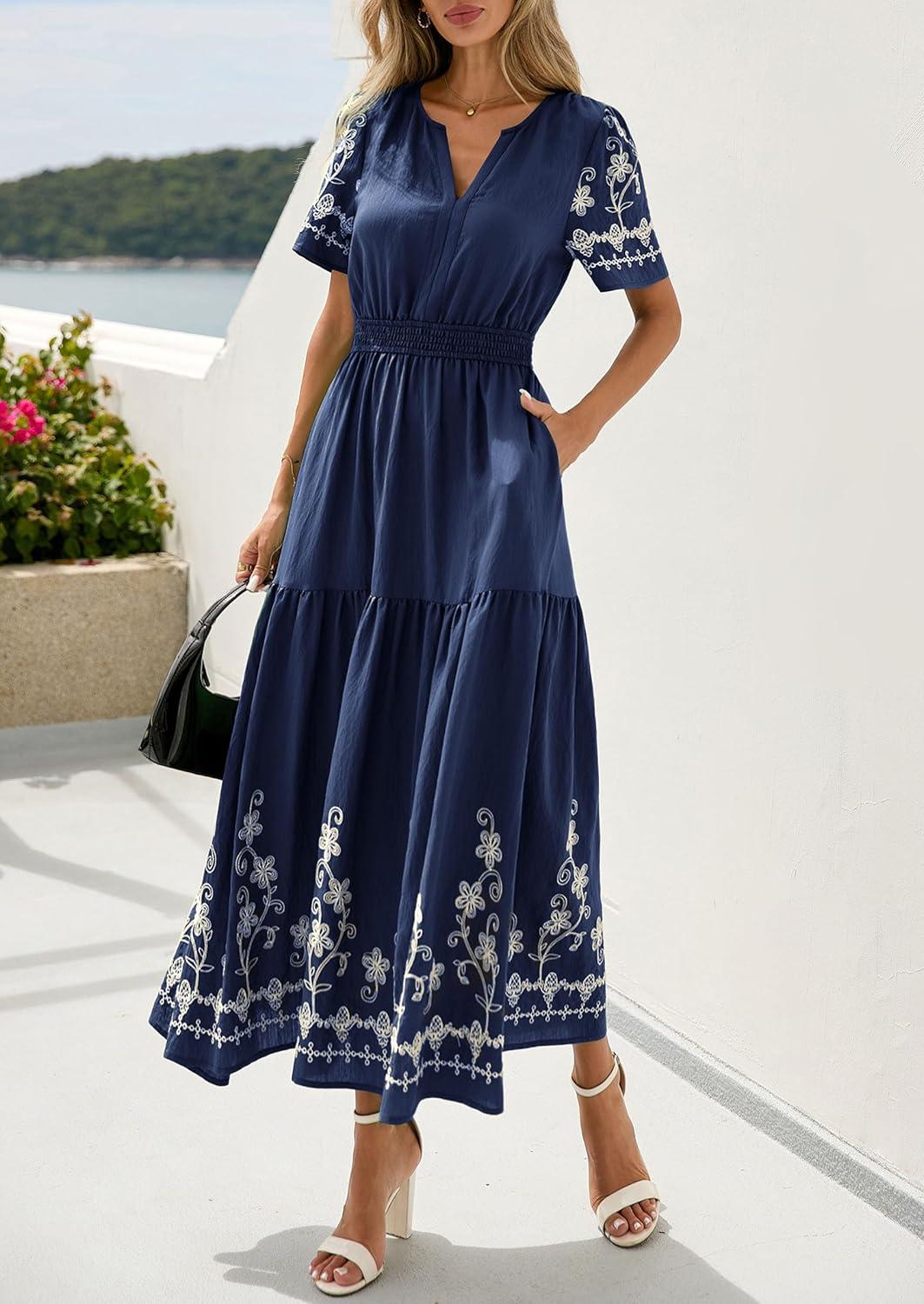 imagePRETTYGARDEN Womens Summer Boho Maxi Dress 2026 Spring Floral Short Sleeve V Neck A Line Flowy Beach Wedding Guest DressesNavy Blue