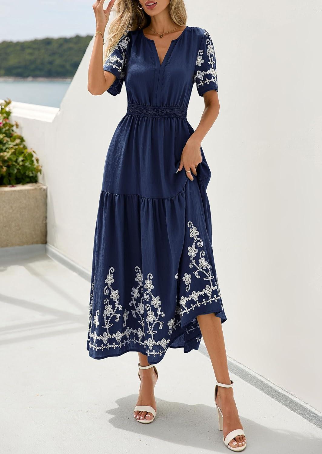 imagePRETTYGARDEN Womens Summer Boho Maxi Dress 2026 Spring Floral Short Sleeve V Neck A Line Flowy Beach Wedding Guest DressesNavy Blue