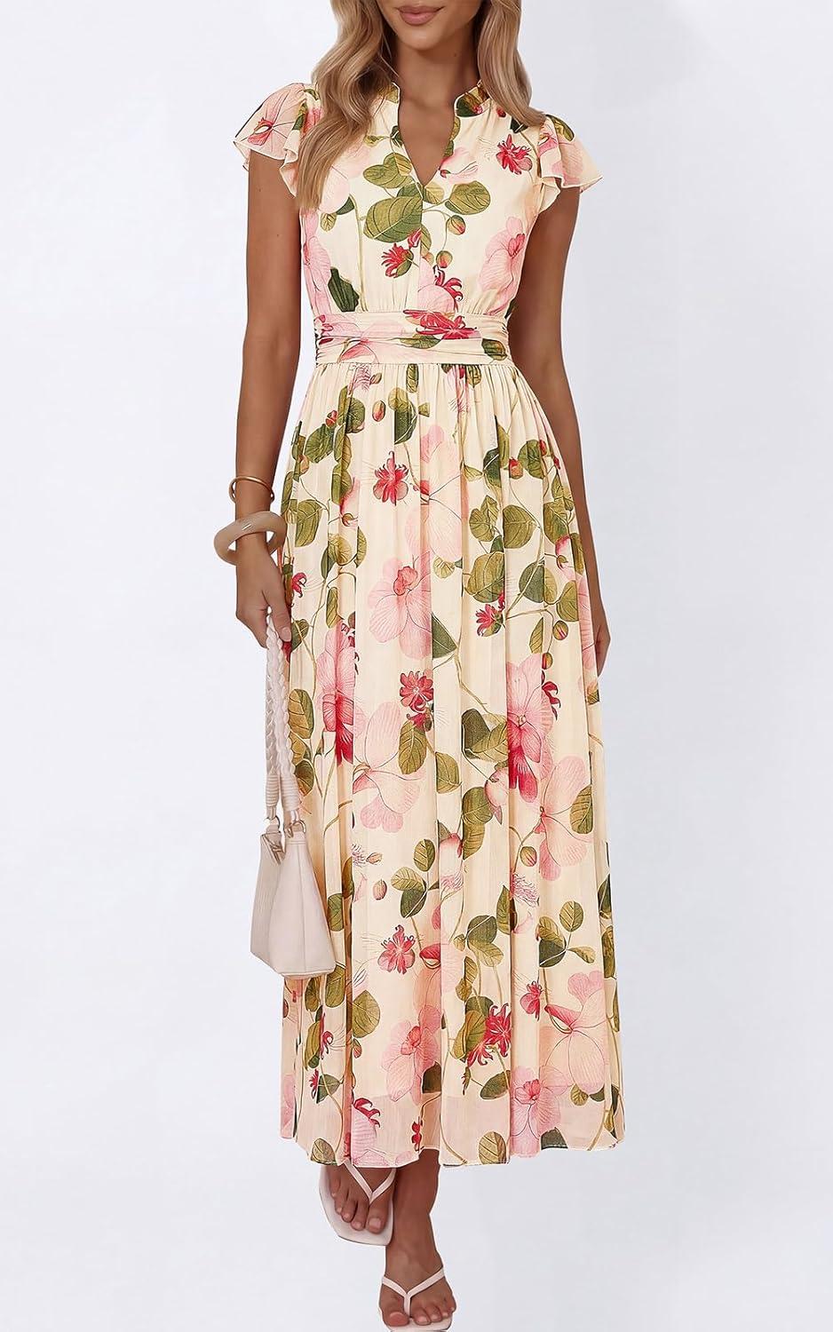 imagePRETTYGARDEN Womens Summer Dresses 2026 Flutter Short Sleeve V Neck Floral Maxi Dress Flowy Beach Vacation Long DressesBeige Multicolored Floral