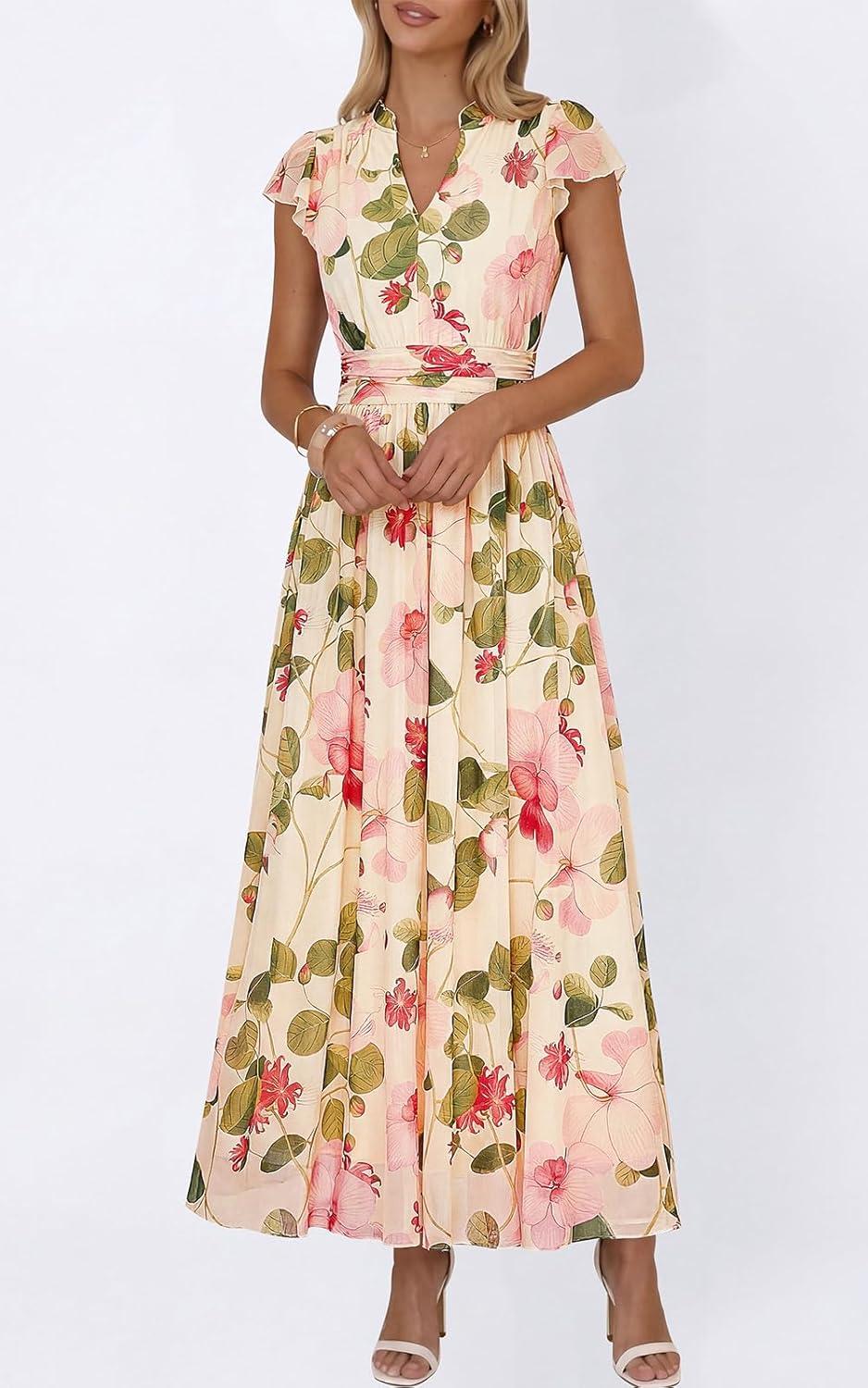 imagePRETTYGARDEN Womens Summer Dresses 2026 Flutter Short Sleeve V Neck Floral Maxi Dress Flowy Beach Vacation Long DressesBeige Multicolored Floral